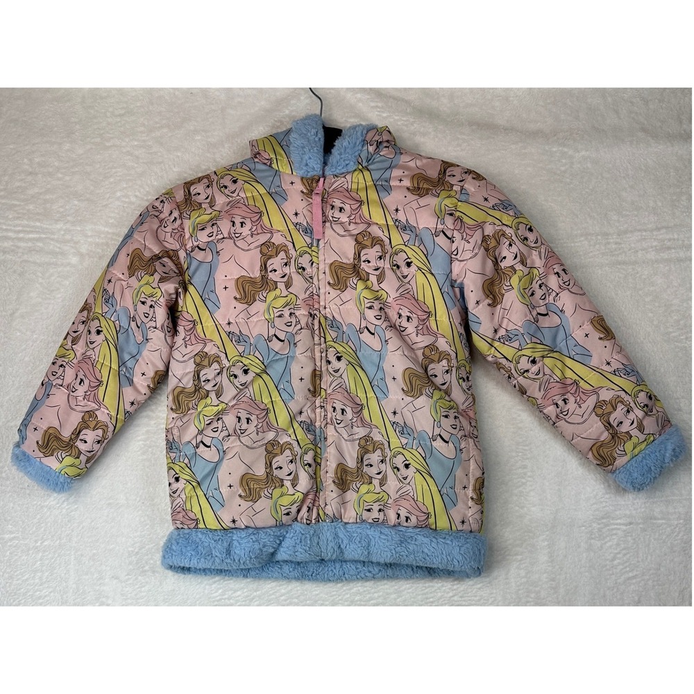 Disney Princess Reversible Puffer Jacket Girls Pink Blue Faux Fur Fleece Hooded